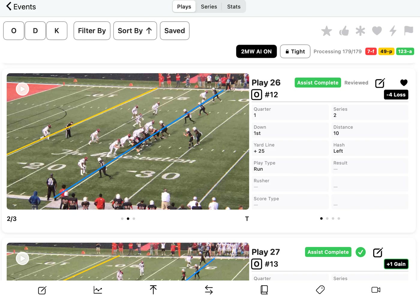 SkyCoach Plays view with AI Assist filling in quarter, series, down, distance, yard line and hash for each recorded play